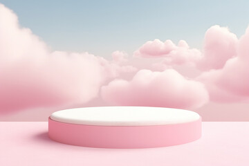 The 3d rendering landscape model of a pink sandbox with a circle display platform on the floor and cloudy sky like heaven background. Generative AI. - obrazy, fototapety, plakaty