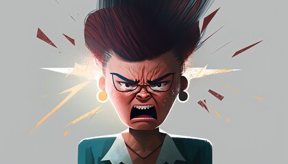 Illustration angry businesswoman business working design bad mood red challenged emotion depression conflict woman girl work manager management team cartoon drawing character executive employee - obrazy, fototapety, plakaty