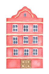 Hand drawn watercolor European city house. Hand drawn building facade isolated on white background