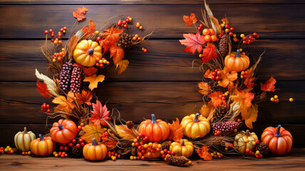 Naklejka na ściany i meble Pumpkins and gourds in autumn border frame background.