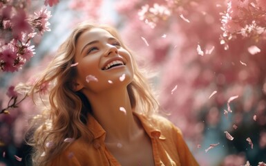 A captivating young lady experiencing the joy of discovery, her face aglow with excitement, amidst the blossoming colors of spring