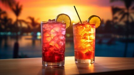A colorful Tequila Sunrise cocktail served at a bar or beach and a festive blurred background