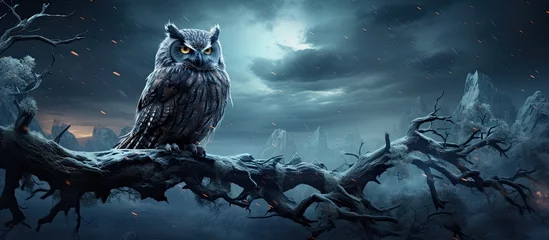 Foto op Canvas In the midst of the winter's barren landscape, a majestic nebulosa owl perches atop a big grey tree, silently observing the enchanted nature around, ready to strike as a predator in the animal-filled © 2rogan