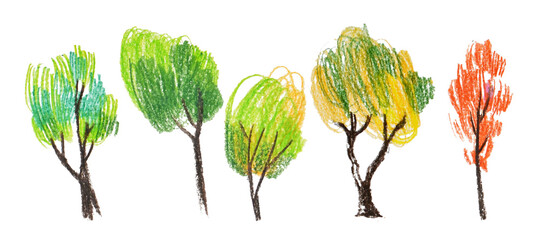 illustration pencil drawing green deciduous trees set children's drawing © Mary