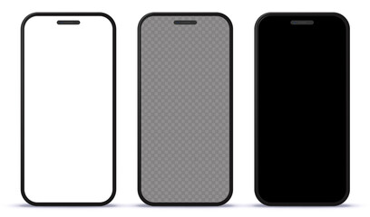 Mobile phone mockups with white, transparent and black screens. Blank smart phones isolated on white background and includes clipping paths for easy editing. 