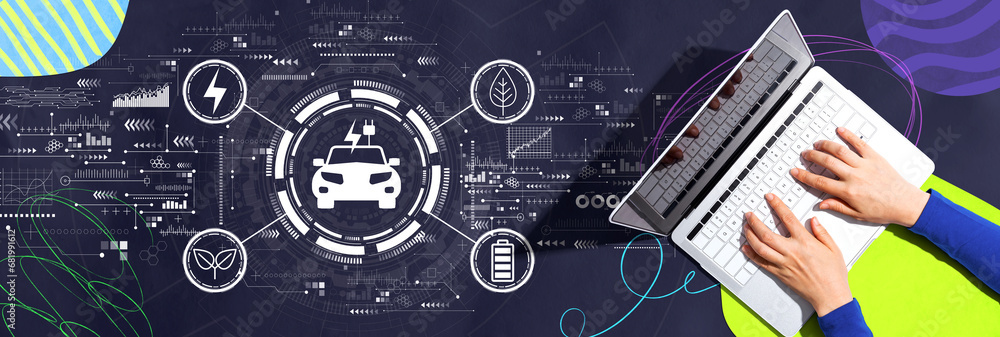 Poster ev concept with person using a laptop computer