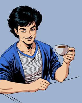 retro coffee, man with coffee, vintage coffee poster, coffee cup illustration, coffee break art, classic man drinking coffee, old school coffee, vintage cafe poster, retro man, morning coffee art, cof