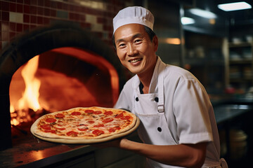 The portrait of an mature male Asian chef in white uniform, top hat, and apron, holding a pizza and smiling in front of a pizza oven. Generative AI.