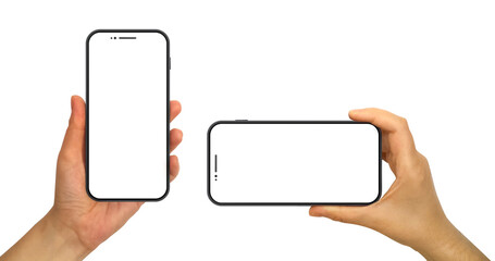 Hands holding mobile phone mockup. Blank smart phone screens isolated on transparent PNG...