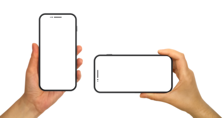 Hands holding mobile phone mockup. Blank smart phone screens isolated on transparent PNG background. 