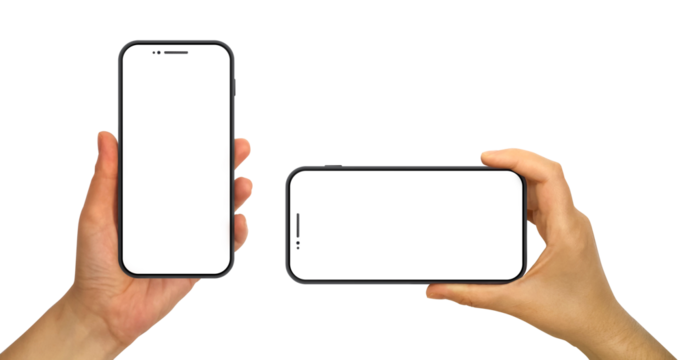 Hands holding mobile phone mockup. Blank smart phone screens isolated on transparent PNG background. 