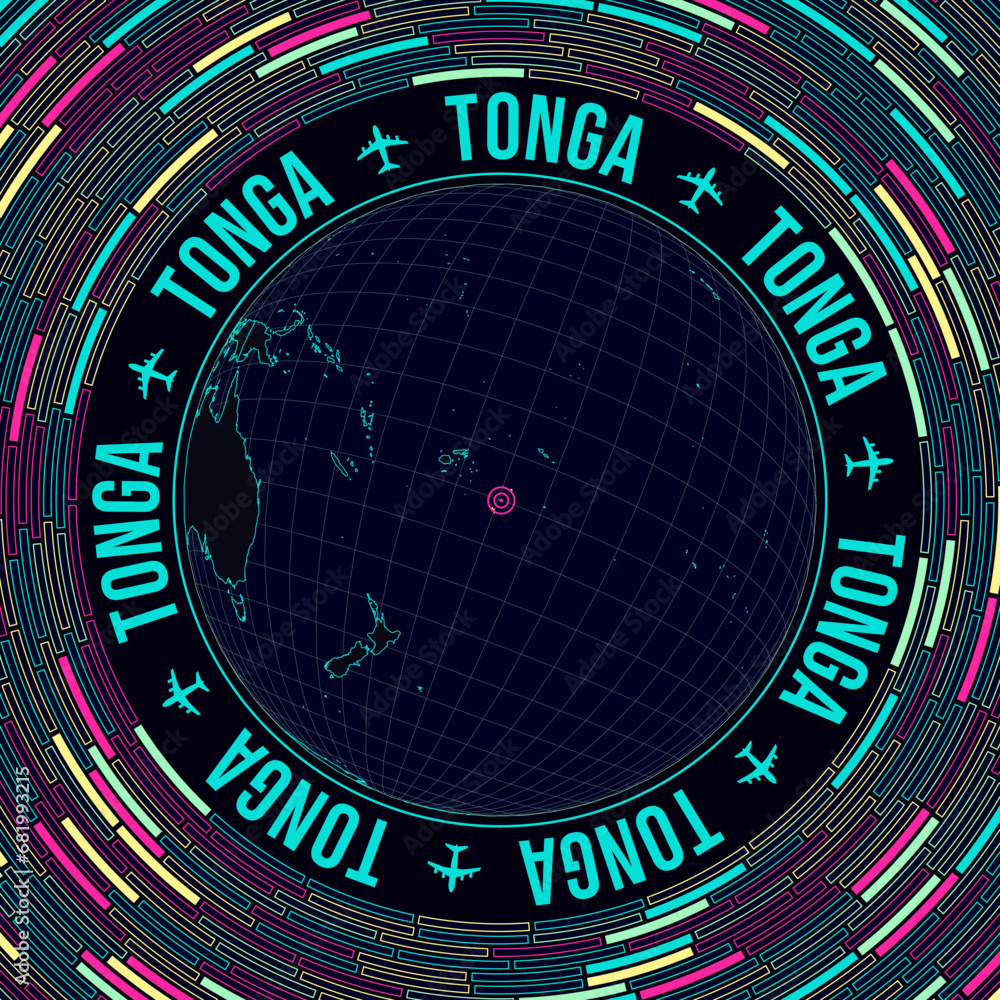 Poster tonga on globe. satellite view of the world centered on tonga. bright neon style. futuristic radial 