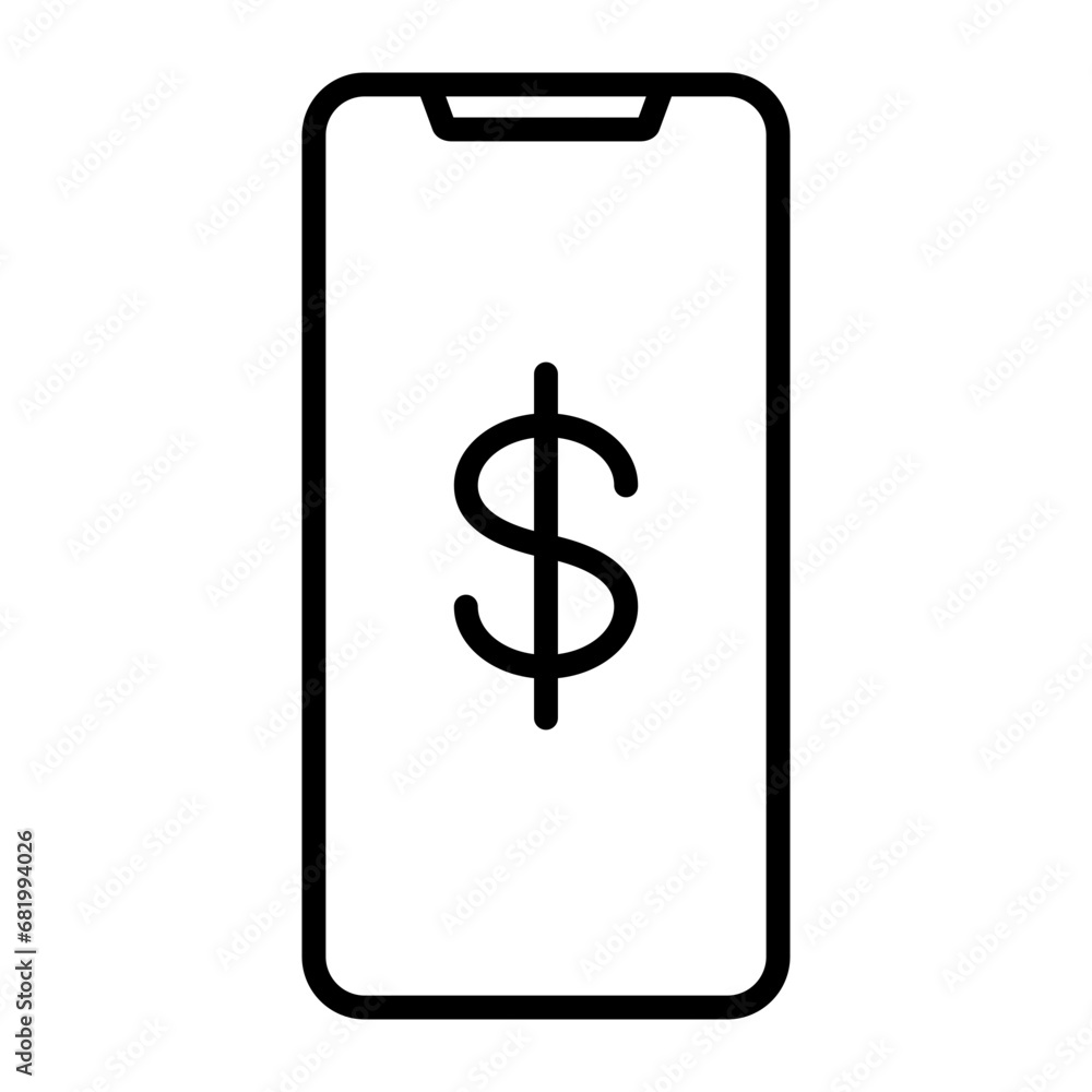 Poster black single phone money transaction line icon, simple digital online shopping flat design pictogram