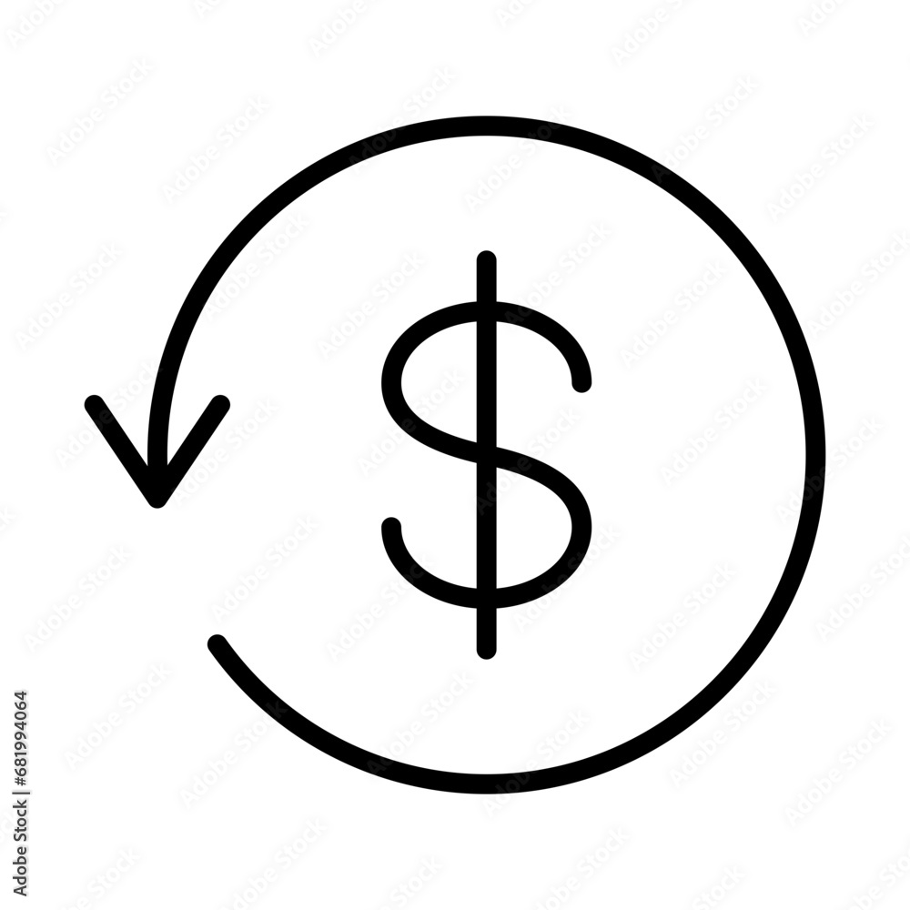 Poster black round money back refund investment line icon, financial repeat arrow flat design vector pictog