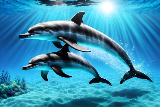 The illustration of two cute dolphins swimming in the ocean. Scene of underwater life.