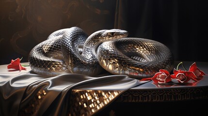 A sophisticated snake in an evening gown, slithering gracefully against a luxurious silver...