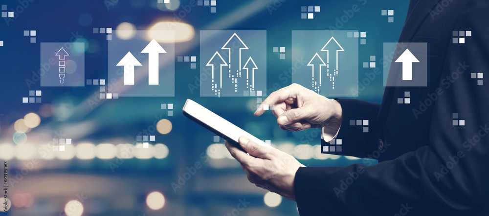 Poster rising arrow theme with businessman using a tablet computer