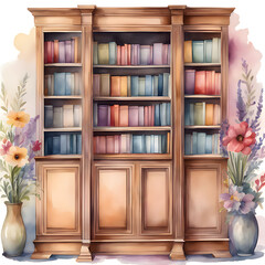 Bookshelves with colorful books floral watercolor illustration. Library bookcase poster