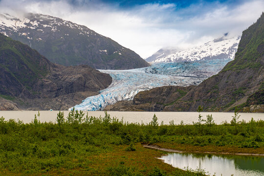 Mendenhall Glacier in Juneau, Alaska. Mendenhall Glacier Recreation Area, a federally designated unit of the Tongass National Forest.