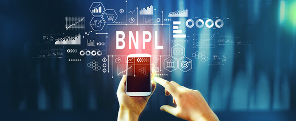 BNPL - Buy Now Pay Later theme with person using a smartphone - obrazy, fototapety, plakaty