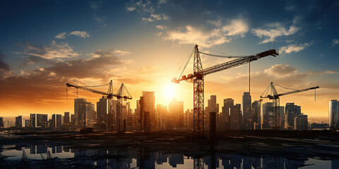 Obraz premium Cityscape depicted with towering skyscrapers and construction cranes