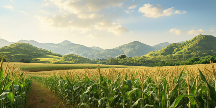 Rolling cornfields with the backdrop of hills and mountains