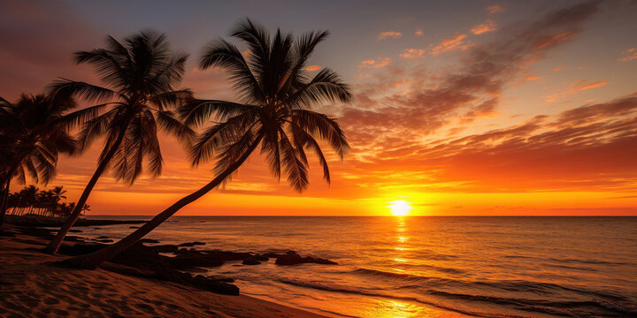 Sunset skies framing palm trees along the beach