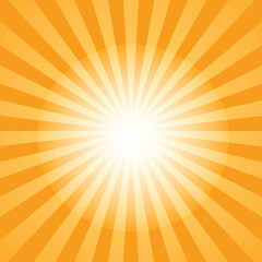 Orange background with white sun ray pattern of starburst. Abstract texture with flash