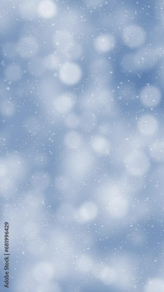 Poster bright blue blurred winter bokeh with loop snowfall slow motion.