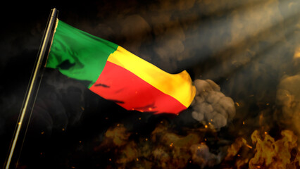 soft focus Benin flag on smoke with sun beams backdrop - catastrophe concept - abstract 3D rendering