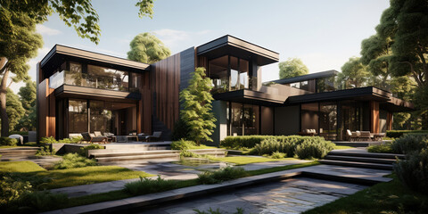 Obraz premium Modern residence with a lush green front yard