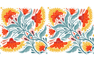 Vector contrast decorative seamless horizontal border with flower arrangement. Folk art frieze with geometric red flowers and blue stems with foliage