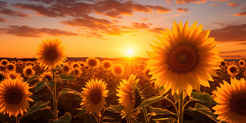 Sunflowers bathing in the sunset light in a rural field