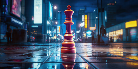 Single chess piece showcased under the city's bright lights - obrazy, fototapety, plakaty
