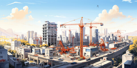 Artistic rendering of a bustling city with high-rises and cranes