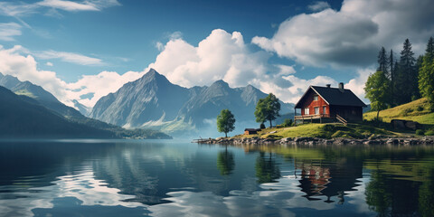 Naklejka premium Solitary house situated on an island within a lake surrounded by mountains