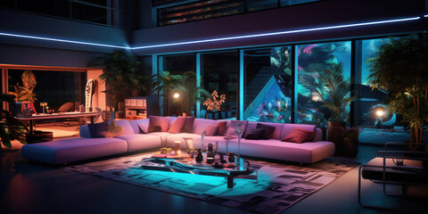 Fototapeta na wymiar Neon lighting over a pool inside a living room