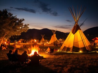 Twilight Glow at a Tipi Campsite with Gathered Guests