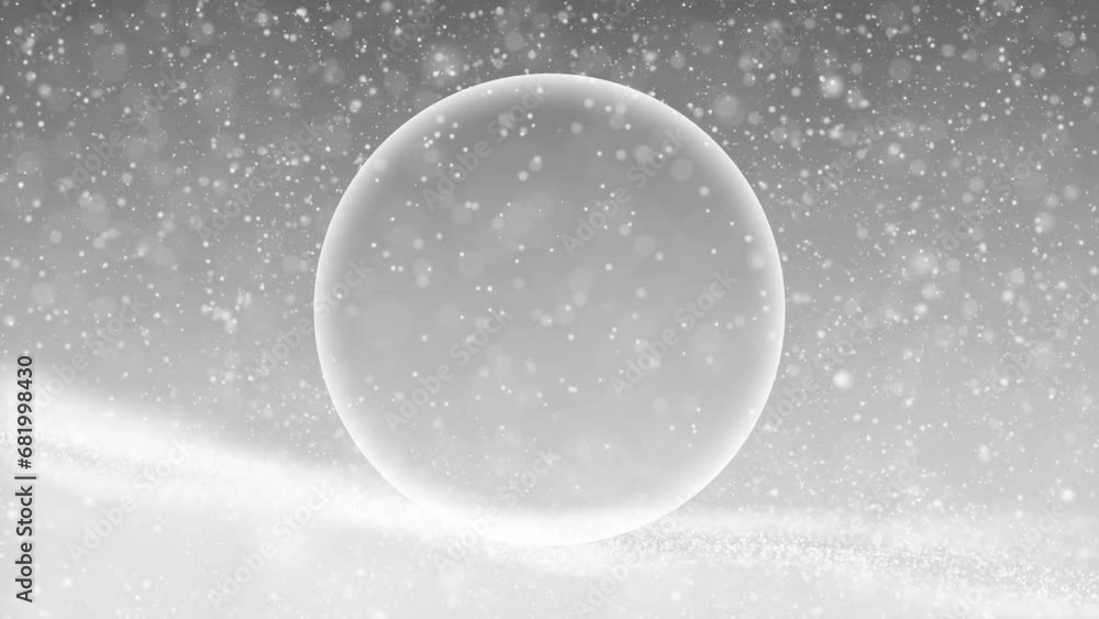 Poster magic snowy background with glass sphere copy space loop animation background.