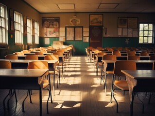 Fototapeta na wymiar Empty Classroom with Sunlight Casting Warm Hues