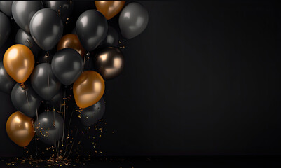 black and gold balloons in a black background, in the style of gray and beige, poster, dark matte background, photobash, scattered composition, lightbox.