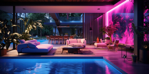 Living room featuring a pool under neon lights