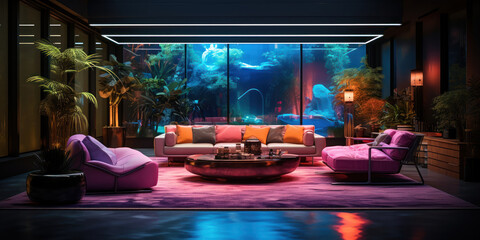 Living room featuring a pool under neon lights