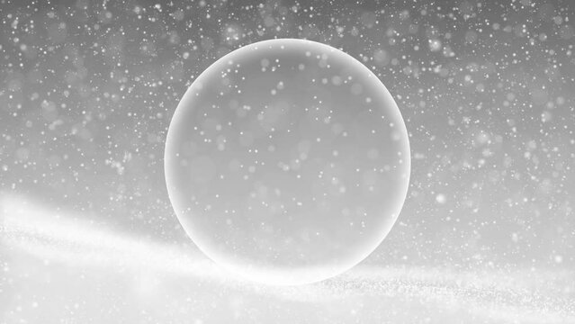 Magic snowy background with glass sphere copy space loop animation background.