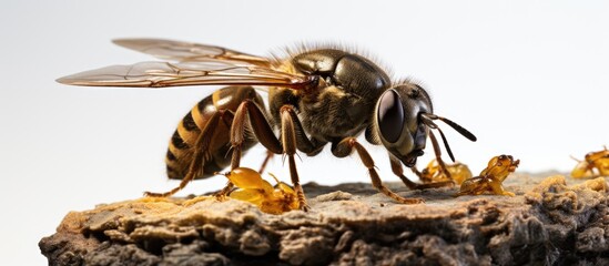 In the isolated white background of a garden, an entomologist closely examines a macro closeup of a dead hover fly, infected by a killer fungus, a unique case of insect infection in nature.