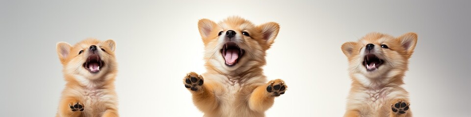 Obraz premium Three Playful Pomeranian Puppies Singing on White Background