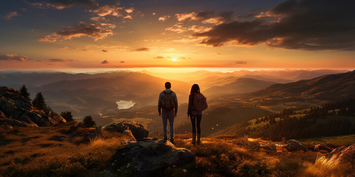 Pair on a mountain summit, the setting sun in the distance