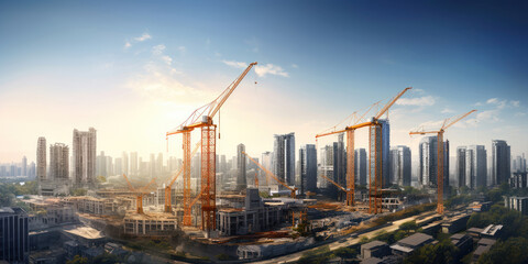 Artistic rendering of a bustling city with high-rises and cranes - obrazy, fototapety, plakaty