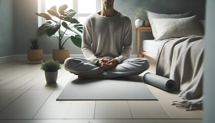 A 25-year-old man in a calm and minimalist space practicing mindfulness or meditation.  - obrazy, fototapety, plakaty