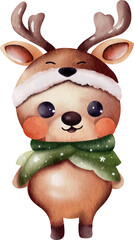 Cute watercolor illustration of reindeer character for Christmas